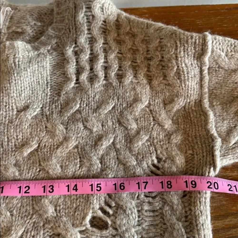 Free Peoples Chunky Cable Knit Sweater Womens XS Alpaca Wool Distressed Crew Tan